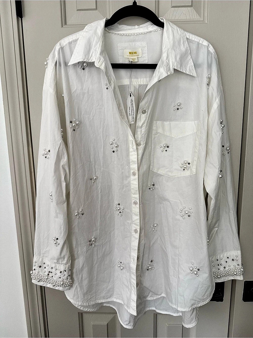 Anthropologie Maeve Embellished White Button Down Size Large NWT